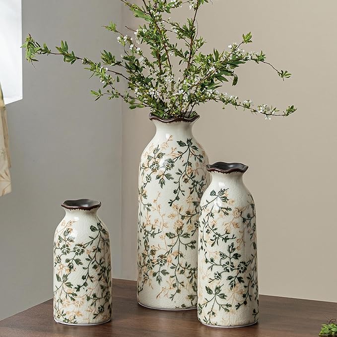 Ceramic Vase Set of 3, Vintage Green and Beige Vases Set, Flower Rustic Chinoiserie Vases Floral Grand Millennial Farmhouse Decor Vase for Home Decor, Living Room, Kitchen, Bedroom, Bookshelf
