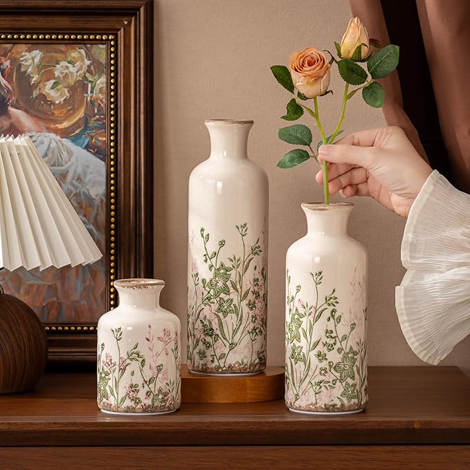 Vintage Floral Pitcher Vase with Handle, Ceramic Farmhouse Flower Vase French Country Decor, Rustic Table Centerpiece, Grand Millennial Tuscan Home Decor for Living Room, Bookshelf (Pink-008)
