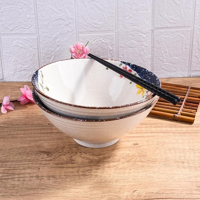 Set of 2 Japanese-Style Ceramic Noodle Bowls – 8.2 Inch Asian-Inspired Soup Ramen Pho Bowls, Microwave & Dishwasher Safe, Handcrafted Floral Design, Premium Dining Essentials for Home & Gifts