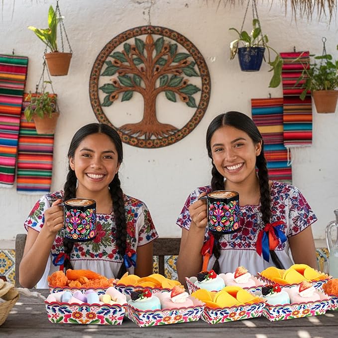 Sliner 11 oz Mexican Ceramic Coffee Mugs Set of 2 Fiesta Gifts Cinco De Mayo Cups Mandala Flowers Tea Cup Festive Holiday Birthday Gifts for Men Women