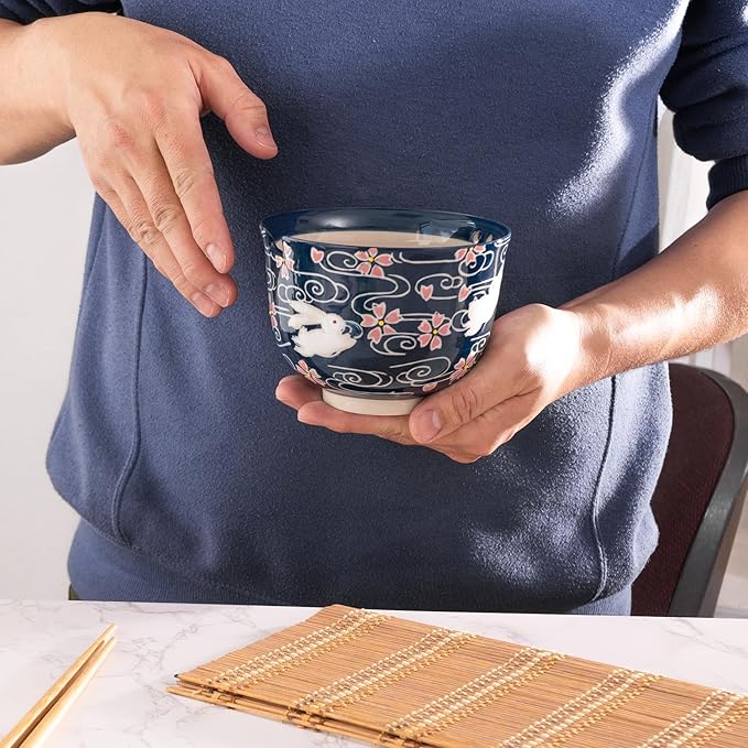 Urban Tokyo Handpainted Ceramic Glazed Japanese Ramen Udon Noodle Rice Bowl With Chopsticks 20 fl oz 5 inch Diameter Bowl Sets Color Box Packaging (Cherry Blossoms Rabbit)