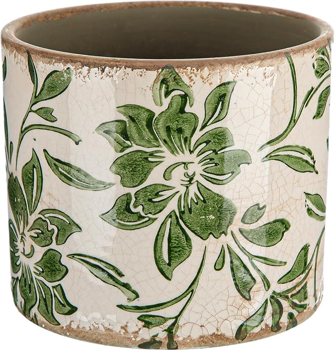 Indoor Ceramic Plant Pots with Drainage Hole 5 Inch Chinese Glaze Ice Crack Flower Pot Vintage Succulent Pots Porcelain Decorative Planter for Plants Herb Home Decor(Green,Leaves Style)