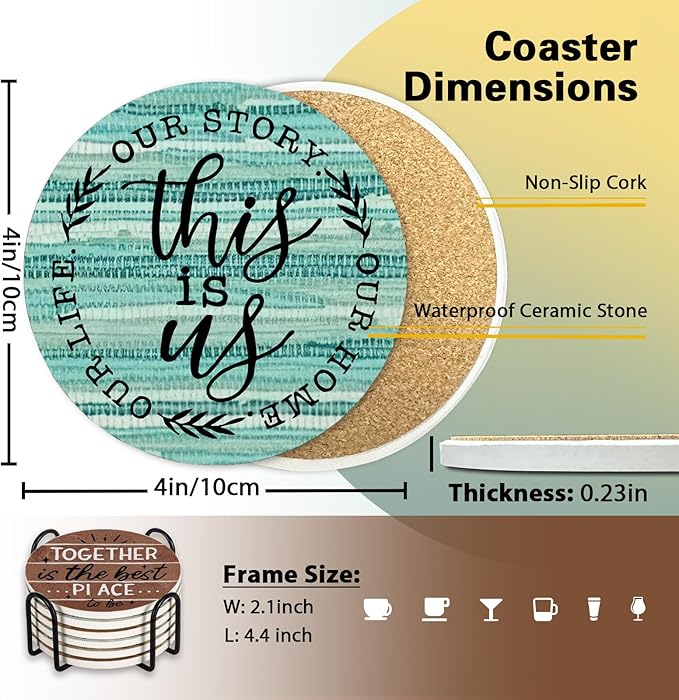 Housewarming Gifts for New Home Ceramic Coasters with Holder Set of 6, Inspirational Home Sweet Home Absorbent Drink Cup Mat for Coffee Table Protection, 4'' Farmhouse Family Kitchen Decor