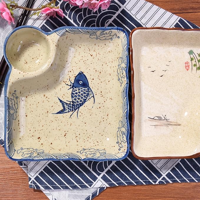 Sushi Plate Set of 2, Different Style Ceramic 7.4 Inch Dumpling Plates with Vinegar Dish Serving for Dumpling, Snack, and Other Food (japanese style yy)