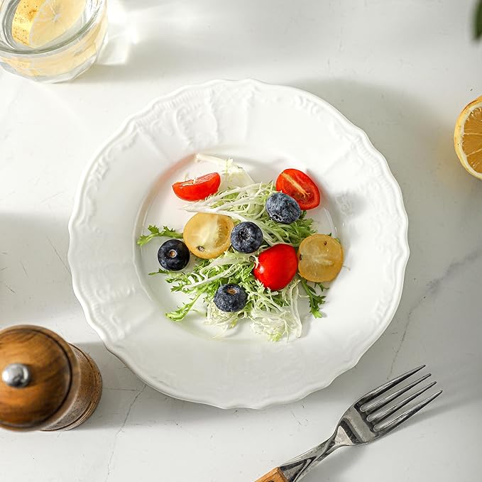 8 Pack Ceramic Dessert Plates Appetizer, 7.5 inch Small Round Dinner Plates, Embossed White Plates Salad Plate for Pancakes, Snacks Side Dish