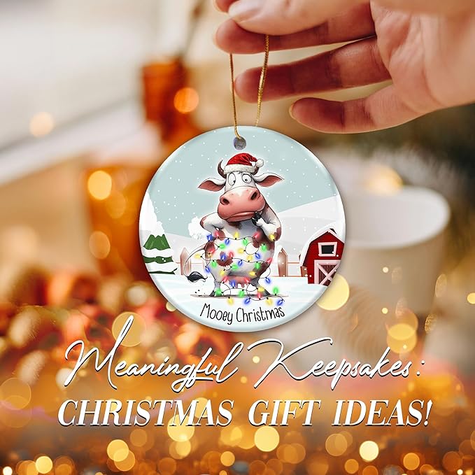 Cow Ornament 2025, Mooey Christmas – Funny Farmhouse Christmas Tree Decoration, Cute Cow Tangled in Lights, Rustic Barn Winter Scene, Ceramic Holiday Ornament for Cow Lovers, Farmers