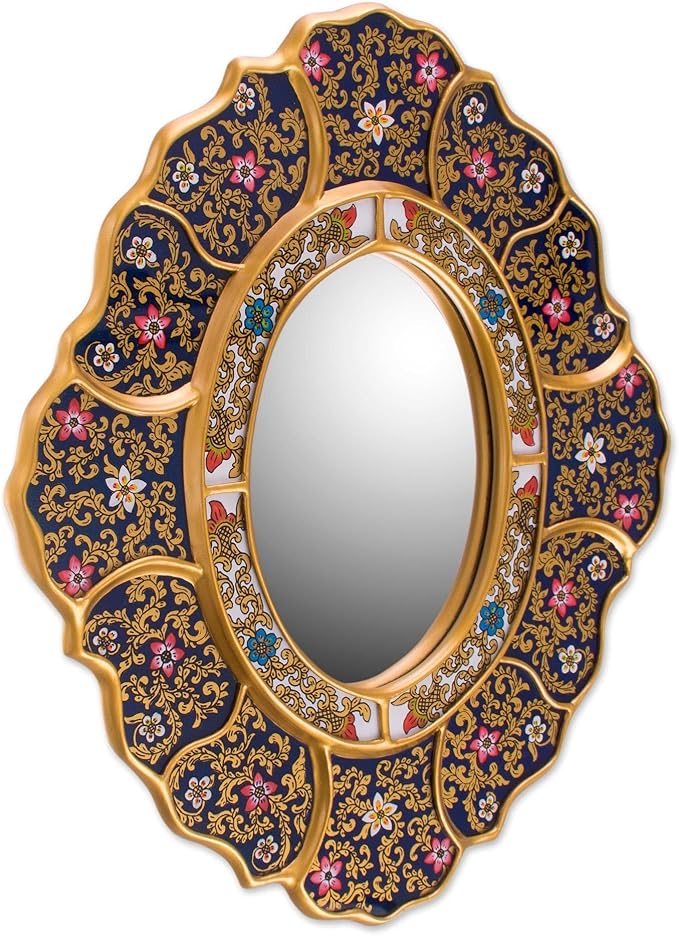 NOVICA Artisan Handcrafted Reverse Painted Glass Wall Mirror Andean Metallic Blue Glasswood Peru Decor Mirrors Floral [13.75in W x 15.25in H] ' Garden Gold'