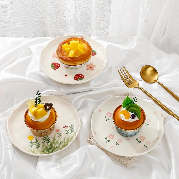 Koythin Ceramic Dessert Plates, Cute Fruits Dinner Plate, Printed Flowers Dinnerware for Office and Home, Kitchen Plates for Desserts (Hand Drawn Flower Fields)