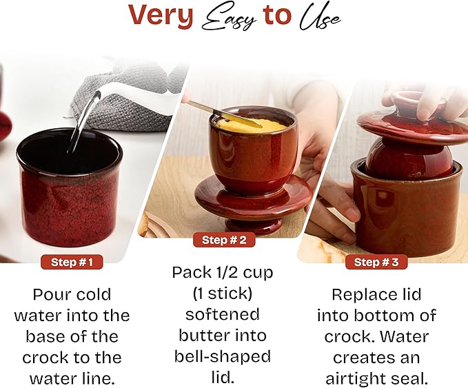 Pottery Butter Crock with Lid, Ceramic Butter Dish with Water Line, Countertop Butter Keeper, Butter Holder for Countertop, Red
