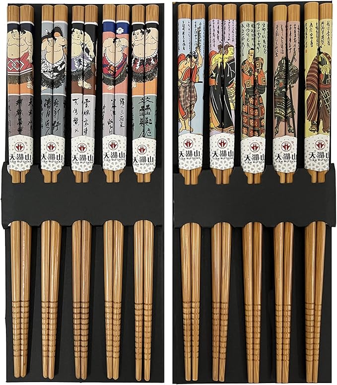 10 Pairs Reusable Bamboo Chopsticks, Samurai&Semo Pattern Natural Bamboo Wood Chopsticks, 8.8Inch/22.5cm Polybag packing by LANHUTHS