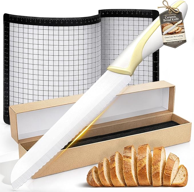 Bread Knife for Homemade Bread, Ceramic Serrated Sourdough Bread Slicer Set with Measuring Baking Mat & Cover, 12” Precision Cutting Knife for Artisan Loaves & Baking