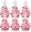 Leinuosen 6 Set Mini 4 Inch Ceramic Christmas Tree with Multicolored Lights Xmas Tree Hanging Light up Ornaments Pre Lit Hand Painted for Tabletop Home Office Table Holiday Decorations(Pink,Star)