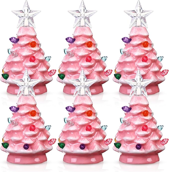 Leinuosen 6 Set Mini 4 Inch Ceramic Christmas Tree with Multicolored Lights Xmas Tree Hanging Light up Ornaments Pre Lit Hand Painted for Tabletop Home Office Table Holiday Decorations(Pink,Star)