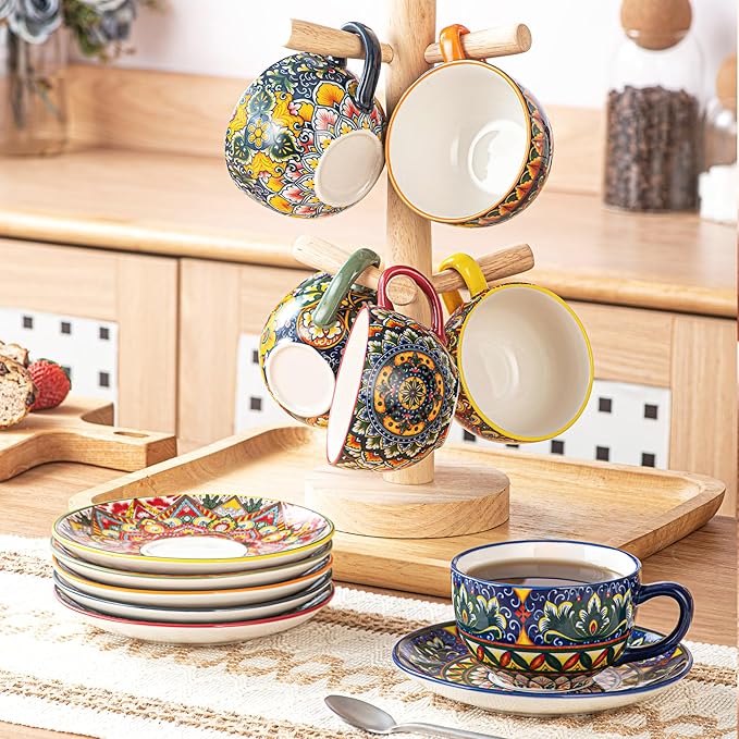 Henten Home 8.5 oz Cappuccino Cup and Saucers Set, Ceramic Coffee Cup Set of 6, Bohemian Cup for Latte, Tea, Hot Cocoa, Espresso, Microwave & Dishwasher Safe