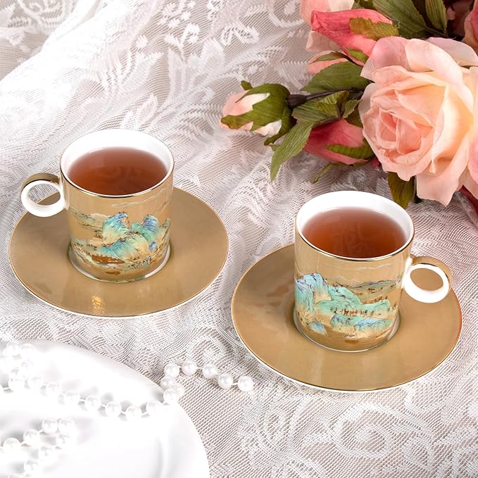 KAMMAK Tea Cups and Saucers Set of 2, Fine Bone China Coffee Cups, Stackable Espresso Mugs, Ceramic Demitasse for Coffee, Cappuccino, Latte, Americano, Tea, Small - River and Mountains