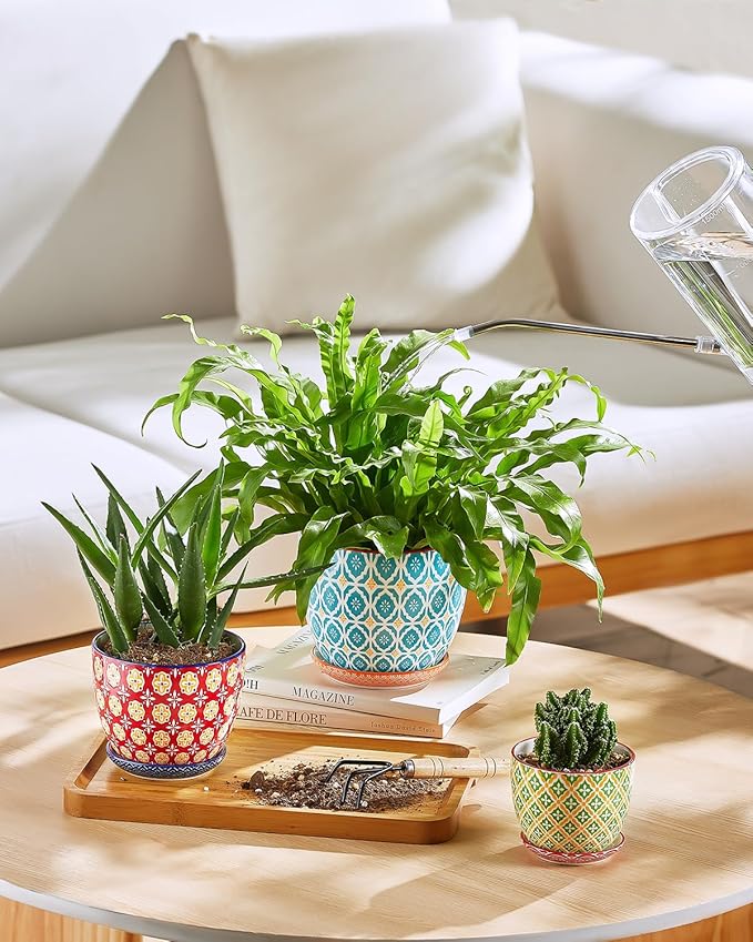 Ceramic Plant Pots, 5.8 Inch Flower Pots for Indoor Plants, Colorful Planters with Drainage Hole & Saucer, Garden Planters for Succulent, Orchid, Cactus, Home Decor, Set of 4