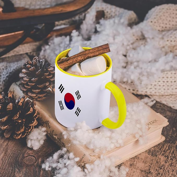 3dRose Flag of South Korea - Korean white red blue taegeuk circle black trigrams - Taiji Yinyang Taegeukgi 15oz Two-Tone Yellow Mug