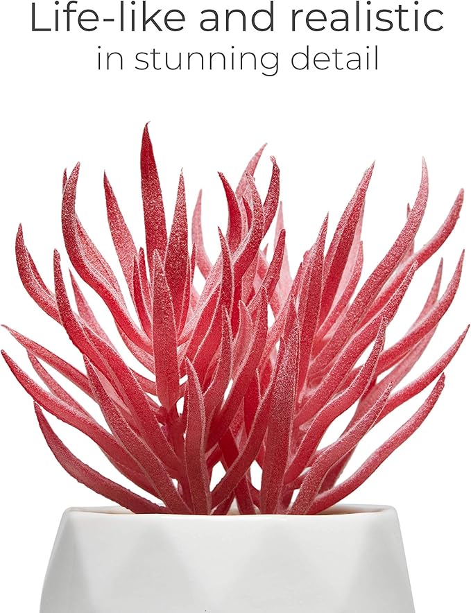Nordik Set of 4 Desk Plants - Office Decor for Women Desk, Indoor, Living Room, Bedroom, Home and Desk Decor – Pink Faux Succulents in white Geometric Ceramic Planters