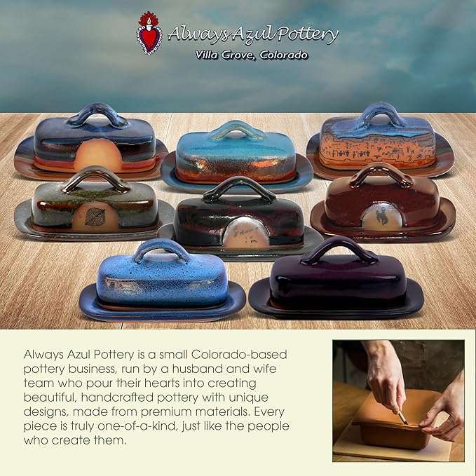 ALWAYS AZUL POTTERY 7.5 Inch by 4 Inch Butter Dish in Real Blue Glaze - Handmade Pottery - Decorative Stoneware Butter Dish Dispenser - Countertop Covered Butter Storage Container