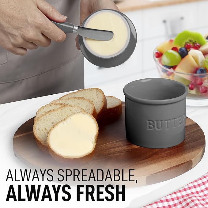Zulay Kitchen Bell Shaped Butter Crock with Lid for Countertop with Water Line & Spreader Knife, Ceramic French Butter Dish Keeper For Fresh, Soft & Spreadable Butter - Gray