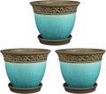 Southern Patio Cadiz 8 Inch Round Crackled Ceramic Indoor or Outdoor Garden Planter Pot with Saucer for Flowers and Plants, Teal (3 Pack)