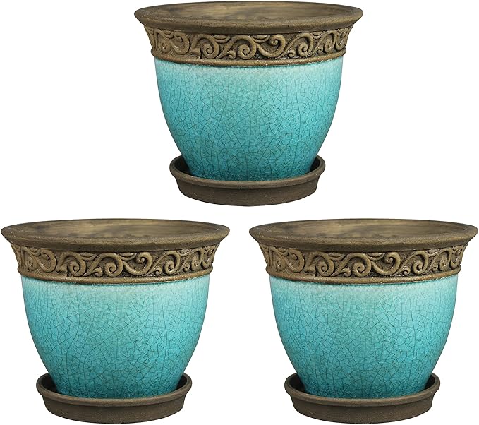 Southern Patio Cadiz 8 Inch Round Crackled Ceramic Indoor or Outdoor Garden Planter Pot with Saucer for Flowers and Plants, Teal (3 Pack)