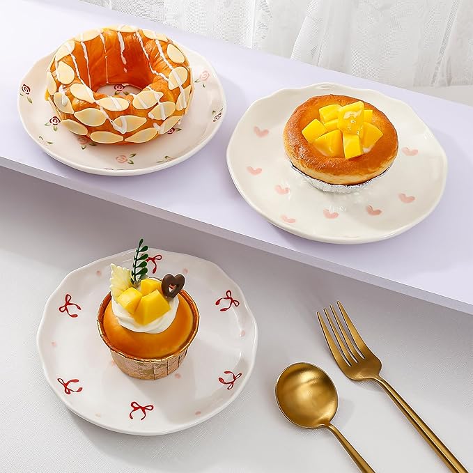 Koythin Ceramic Dessert Plates, Cute Fruits Dinner Plate, Printed Flowers Dinnerware for Office and Home, Kitchen Plates for Desserts (Red Rose Fragmented Flowers)