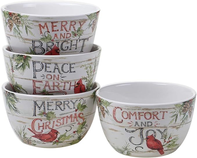 Evergreen Christmas 16-Piece Dinnerware Set – Ceramic Holiday Plates, Bowls & Mugs with Cardinal & Script Design – Service for 4 – Festive Dining for Christmas Gatherings