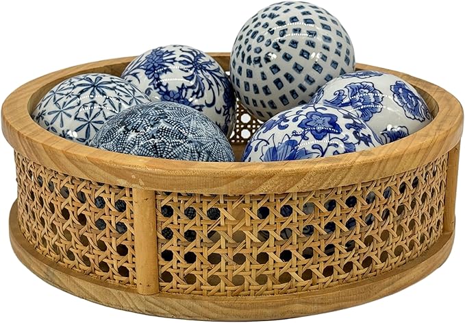 Galt International 4" Diameter Blue & White Floral Chinoiserie Ceramic Ball (Set of 3) Style 1| Decorative Ball Vase Bowl Filler