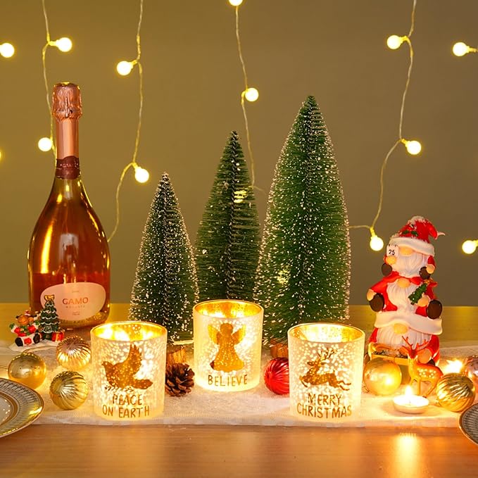 Rancco Votive Candle Holders, Christmas Gold Silver Glass Tea Light Candle Holder Set of 3 with Elk, Angel, Peace Dove, Candle Holder for Christmas Table Centerpieces, Birthday, Home Tea Party Decor