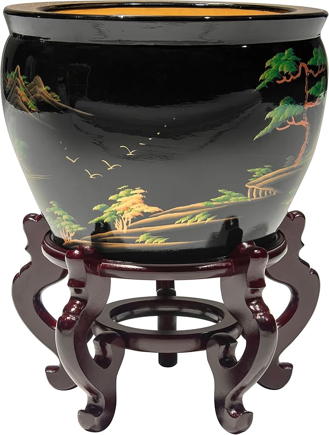 Red Lantern 16" Black Lacquer Fishbowl - Landscape