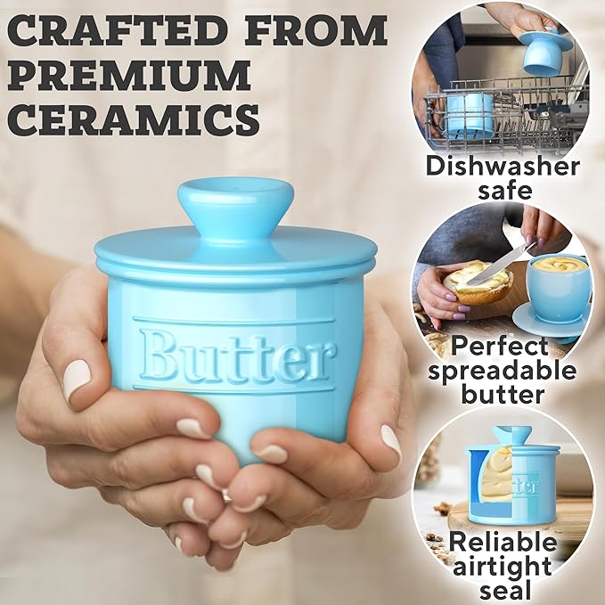 Premium Butter Crock with Lid - Original Design French Butter Dish - Beautiful Ceramic Butter Keeper for Counter with Water Line - Perfect to Keep Butter Soft and Spreadable - Light Blue