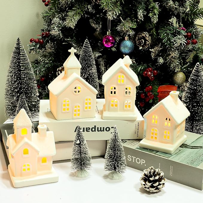 9 Pcs Christmas Village Figurines Sets - 4 Lighted Ceramic Houses with Remote Control & 5 Trees - Christmas Decorations Indoor - White Xmas Holiday Farmhouse Rustic Decor for Home Table Room