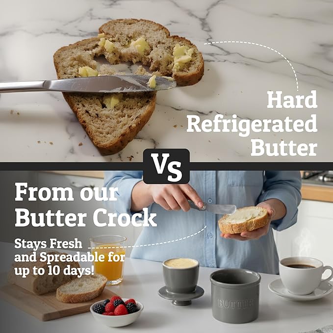 PriorityChef Butter Crock with Lid with Water Line, Ceramic French Butter Dish to Leave On Counter, Grey