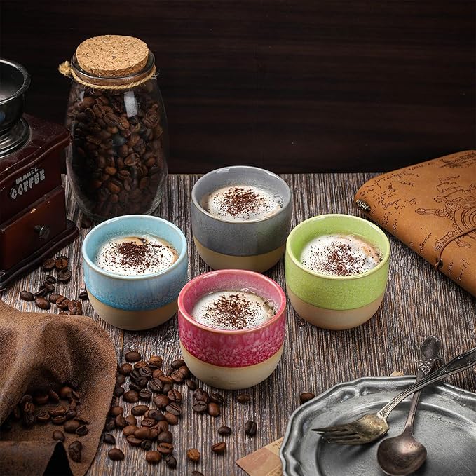 VanEnjoy Espresso Cups Set of 4 Stackable Coffee Mugs Colorful Unique Ceramic Glazed Demitasse Espresso Cups 4 Colors Ceramic Espresso Mugs 5oz Espresso Cups for Tea Coffee