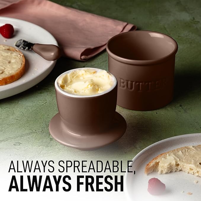 Zulay Kitchen Bell Shaped Butter Crock with Lid for Countertop with Water Line & Spreader Knife, Ceramic French Butter Dish Keeper For Fresh, Soft & Spreadable Butter - Coffee