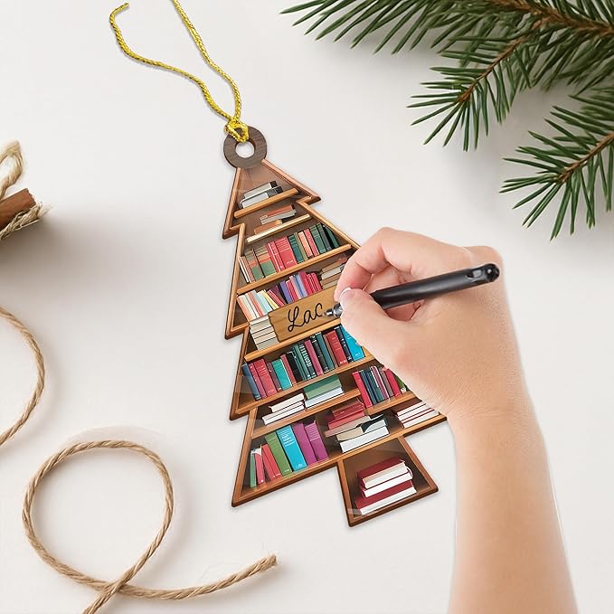 NGHYANA Wooden Christmas Tree Bookshelf Ornament 4 Inch Book Lover Holiday Decoration