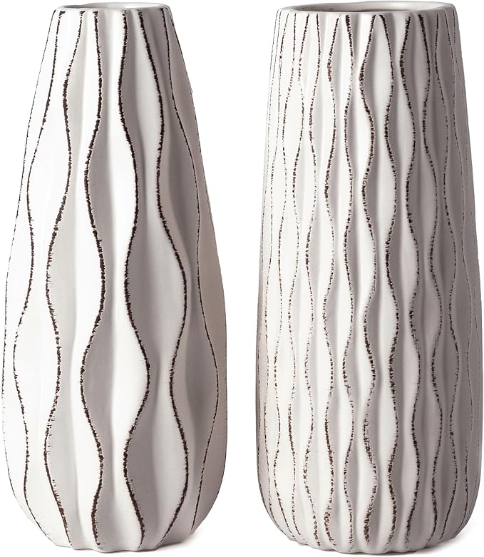 VICTOR & TERESA Ceramic Vase for Flowers, 10'' Set of 2 Decorative White Vases for Home Decor, Farmhouse Vases for Pampas Grass, Table, Mantel, Living Room, Shelf, Centerpieces, Gifts for Her