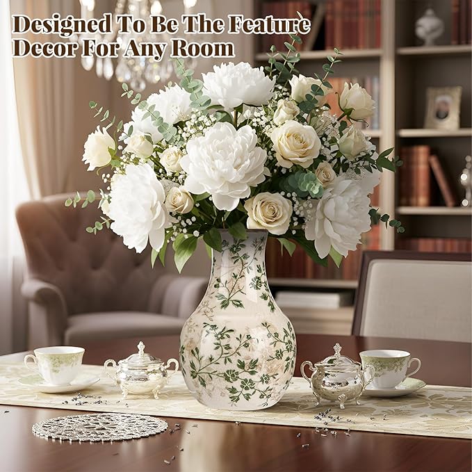 LemonRoad Vintage Ceramic Flower Vase 5.7 Inch Chinoiserie Ice Cracked Glaze Porcelain Vase Rustic Ceramic Large Centerpieces for Home Table Living Room Bookshelf Office(Floral Style)