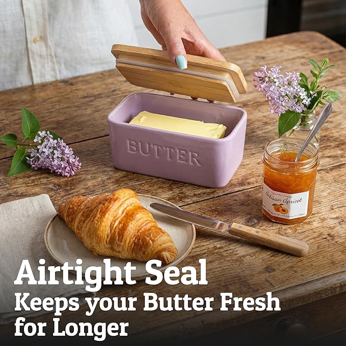 PriorityChef Extra Large Butter Dish with Lid for Countertop, Ceramic Butter Container With Airtight Cover, Butter Keeper for Counter or Fridge, Butter Holder Storage, Lacy Lilac