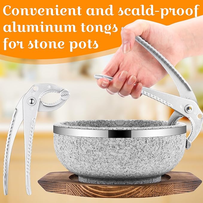 Lallisa 4 Set Dolsot Bibimbap Stone Bowl with Wood Base and Aluminum Tongs Dolsot Pot Stone Bowls Sizzling Hot Pot for Korean Restaurants, Soup, Rice, Stew (32 oz)