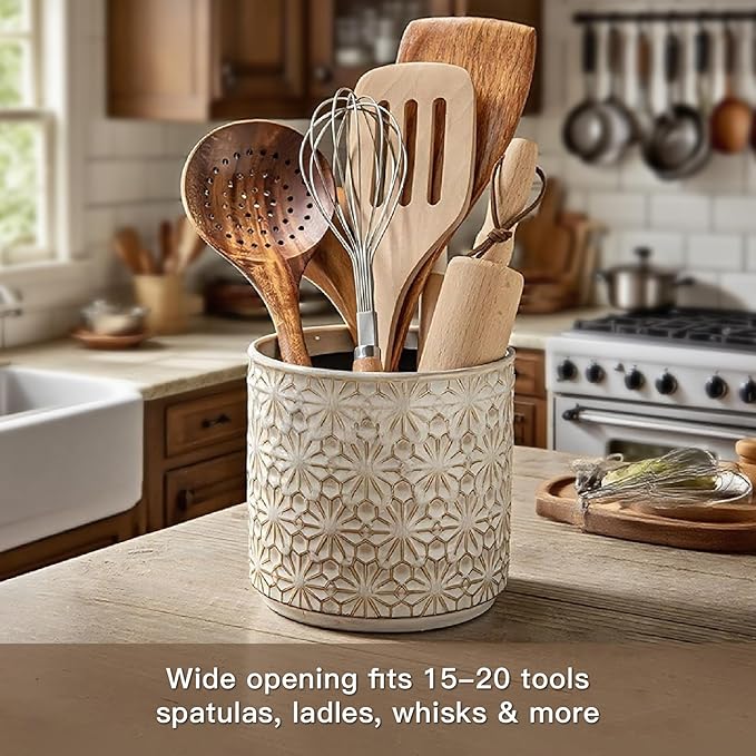 Ceramic Utensil Holder for Kitchen Counter,5.3" Farmhouse Kitchen Utensils Holder for Countertop， Handcrafted Cooking Utensil Holder with Elegant Design for Utensil Storage, Flower Vase