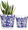 Blue and White Ceramic Planters Pots, Ceramic Flower Pots with Drainage Hole & Saucer, Indoor/Outdoor Ceramics Plant Pot for Succulents, Cactus, Flowers, Garden Home Tabletop Decor, 5+4 Inch Set of 2