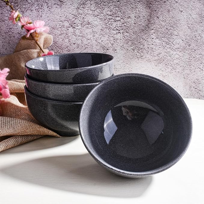 Modern Gray Porcelain Rice Bowls, 4.5 Inch Diameter, Set of 4, Traditional Asian Style Dining Bowls