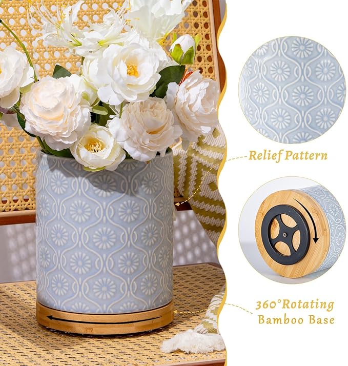 TEATALK Ceramic Utensil Holder Set, 360° Rotating Organizer for Countertop, Farmhouse Vintage Style, Large and Small Crocks in Light Blue，7.7"+5.7", Light Blue