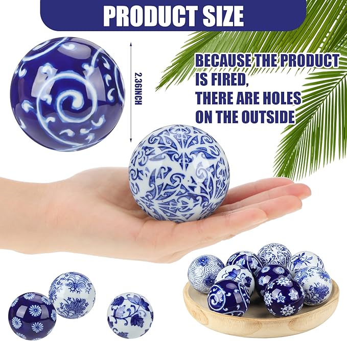 Vesici 9 Pcs Blue and White Porcelain Balls Decorative Chinoiserie Orbs for Centerpiece Bowls China Ceramic Balls Farmhouse Basket Tray Vases Decoration Gifts for Dining Table Holiday(Elegant Style)