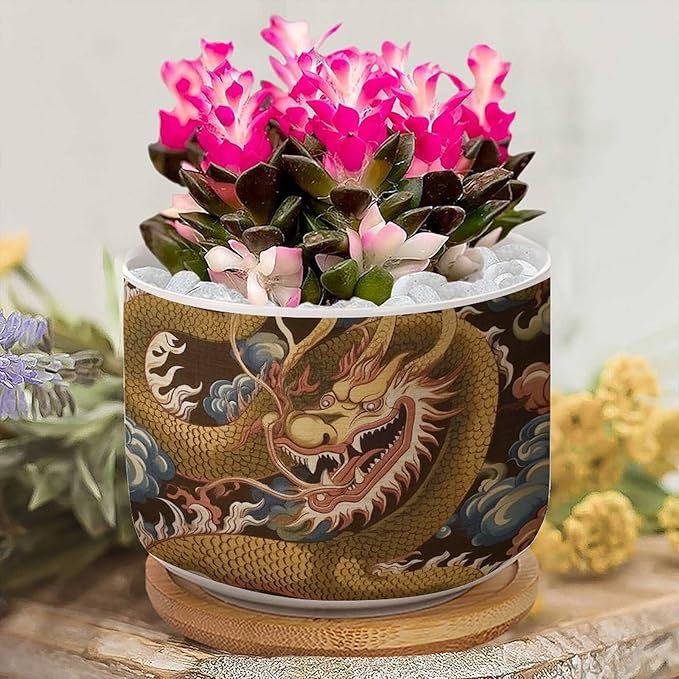 2 Piece Ceramics Plant Pot Antique Chinoiserie Dragon Small Pot for Flowers Dragon Gold Oriental Style Asian Flower Pot for Indoor Chinoiserie Plant Pot with Drainage Bamboo Trays