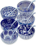 Japanese Ceramic Bowls Set of 6, 28 Oz Large Asian Porcelain Ramen Soup Salad Cereal Noodle Bowl with 6 Spoons, Deep Bowl for Kitchen Decor and Housewarming Gift, Dishwasher & Microwave Safe