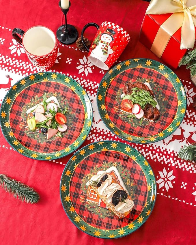 HASENSE Dinner Plates, 10.5 Inches Serving Dishes for Salad, Pasta, Steak, Dessert, Party, Kitchen, Ceramic Holiday Plate Set of 6, Microwave and Dishwasher Safe, Red