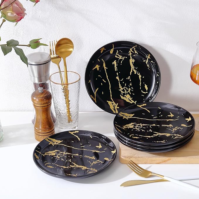 6-Piece Black Marble Ceramic Plates with Gold Rim, 8-Inch Dinner Plates Set, Oven & Microwave Safe, Dishwasher Safe, Elegant Appetizer, Salad, and Dessert Plates for Modern Dining